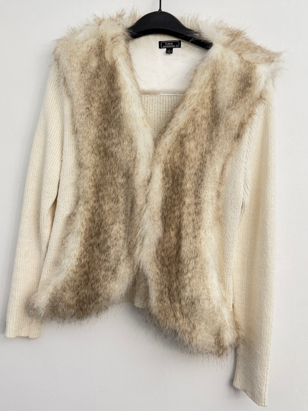 Vintage Lisa International Cream Knit Cardigan with Beige Faux Fur Trim Sz L